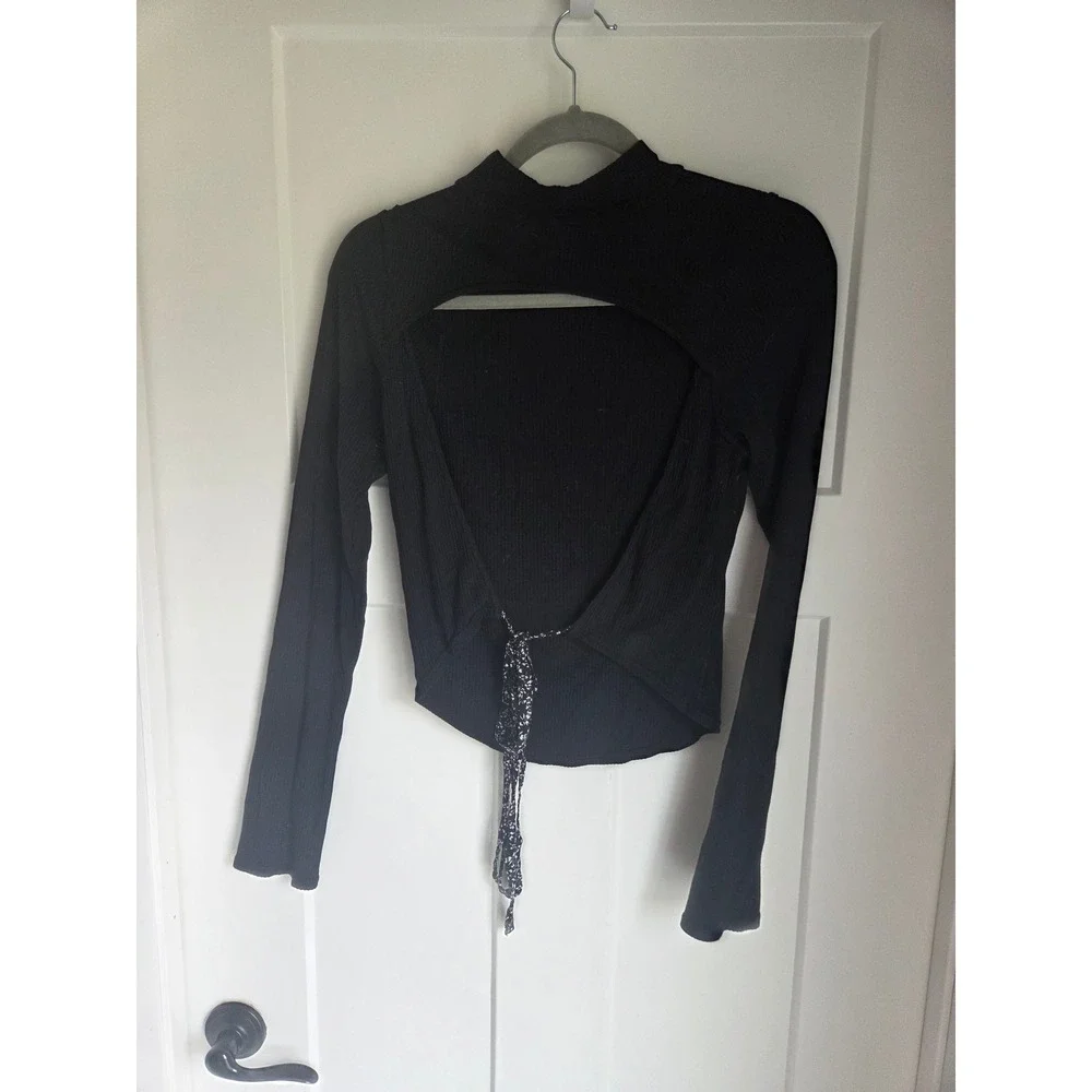 Free People Black Ribbed Mock Neck Open Back Cutout Tie Long Sleeve Top XL